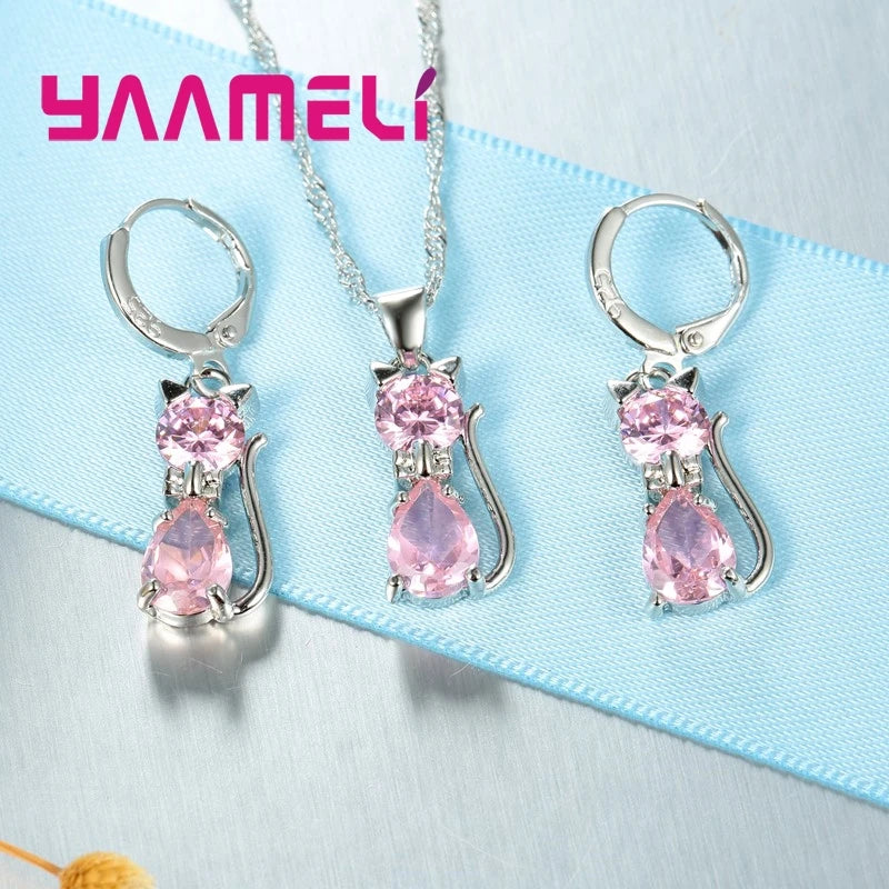 Set di gioielli in vero argento sterling 925 per donna ragazza brillante cristallo austriaco collana con ciondolo gatto carino orecchino Huggie