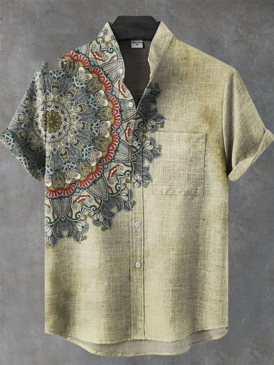 2025 Camicia a maniche corte con motivo floreale mandala da uomo Camicia estiva vintage nuova in lino Manica corta da uomo per il tempo libero Vacanza Streetwea