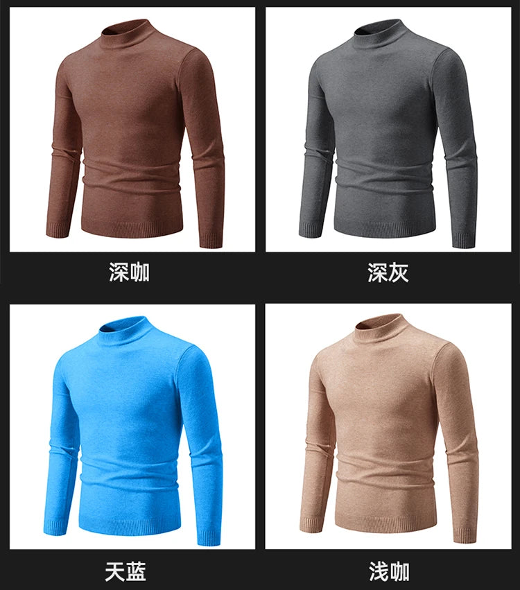 Autunno nuovo maglione da uomo mezzo collo alto basic tinta unita casual versatile girocollo lavorato a maglia con maglione elastico slim fit all'interno