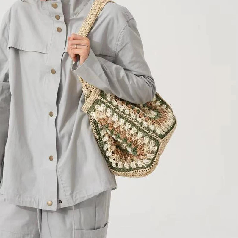 Borsa estiva intrecciata a mano Borsa con motivo abbinato ai colori Fodera in tela Tote di grande capacità Borsa da spiaggia per vacanze al mare Borsa da donna