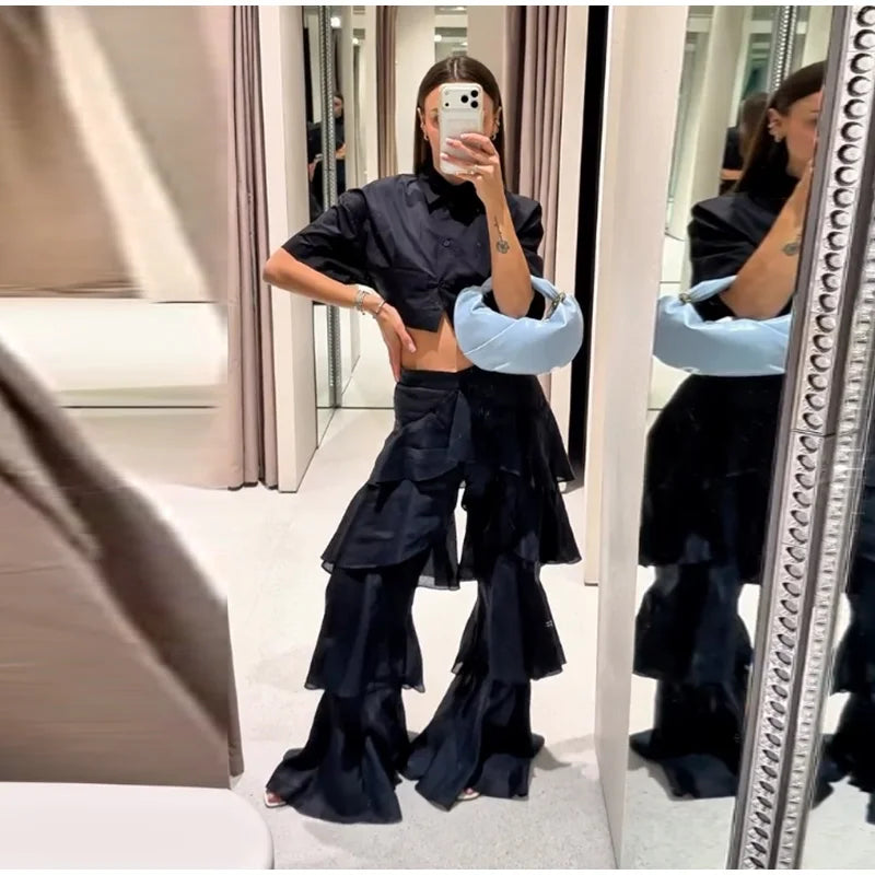 Pantaloni a Balze a Strati Blu Navy alla Moda da Donna, a Vita Alta e Gamba Larga, Lunghi, Nuova Collezione 2026, Casual da Vacanza e Streetwear