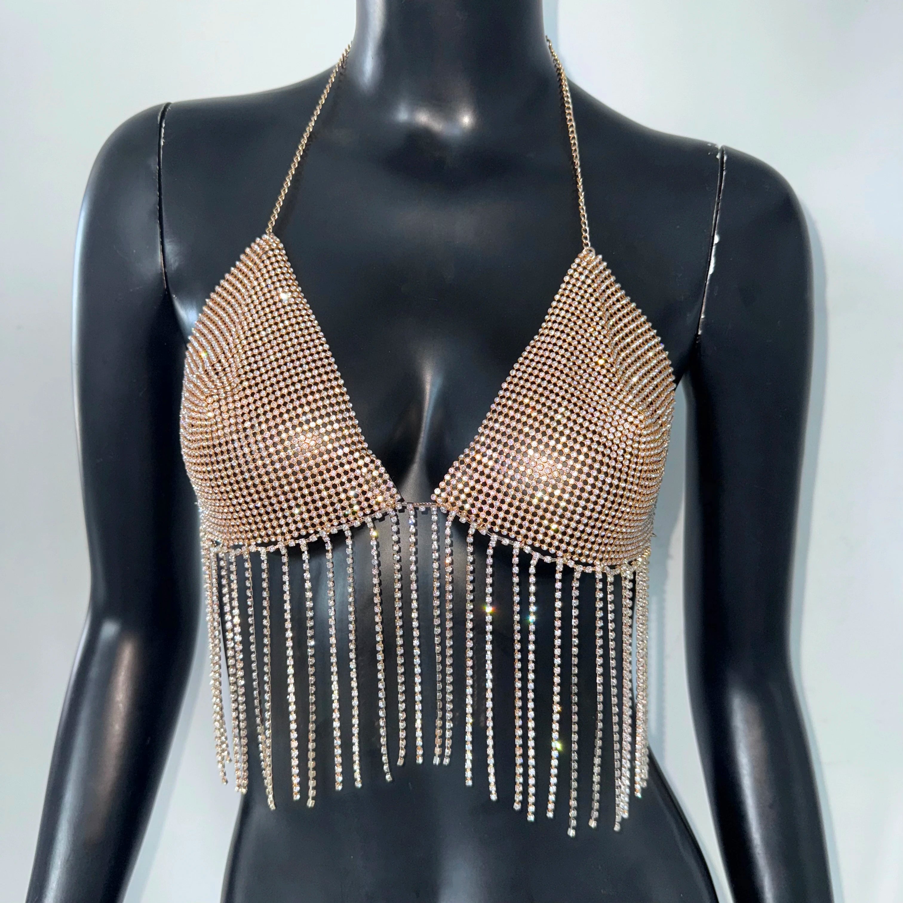 Summer Women Shiny Rhinestone Tank Top Sexy Backless V Neck Halter Neck Metal Chain Tassel Camisole Rave Party Club Crop Tops