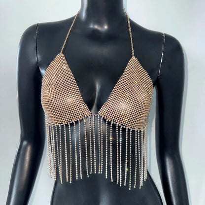Summer Women Shiny Rhinestone Tank Top Sexy Backless V Neck Halter Neck Metal Chain Tassel Camisole Rave Party Club Crop Tops