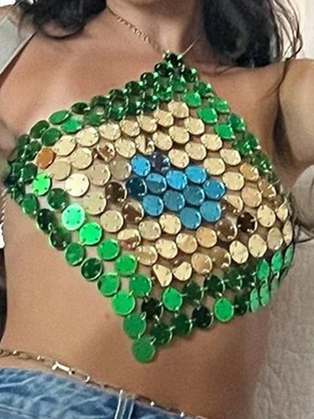 Top corto sexy con paillettes metalliche e scollo all'americana per donna, Estate 2026, trasparente e brillante, per abbigliamento da club e rave, top da spiaggia per feste, streetwear Y2K.