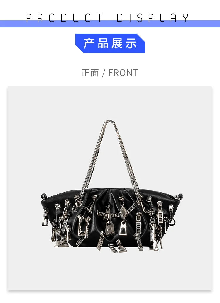 Borsa per ascelle con gnocchi increspato stile punk 2025 Borse a tracolla da donna con decorazione per la testa con cerniera multipla Borse Y2K per ragazza piccante