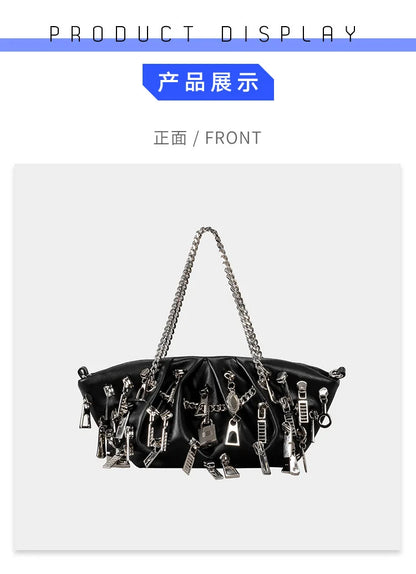 Borsa per ascelle con gnocchi increspato stile punk 2025 Borse a tracolla da donna con decorazione per la testa con cerniera multipla Borse Y2K per ragazza piccante