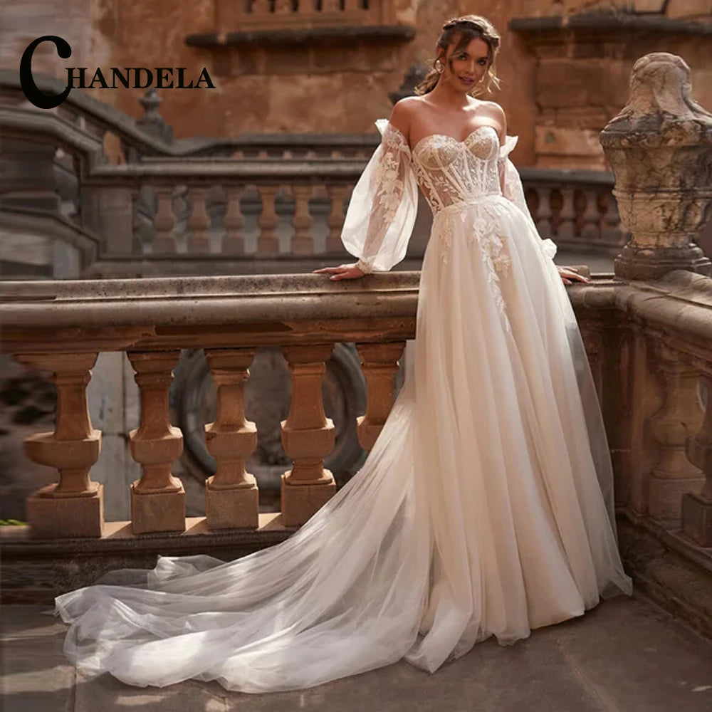 CHANDELA Abiti da sposa a tromba alla moda per le donne Sposa Applicazioni in pizzo con spalle scoperte Allacciatura Sweep Train Personalizzato