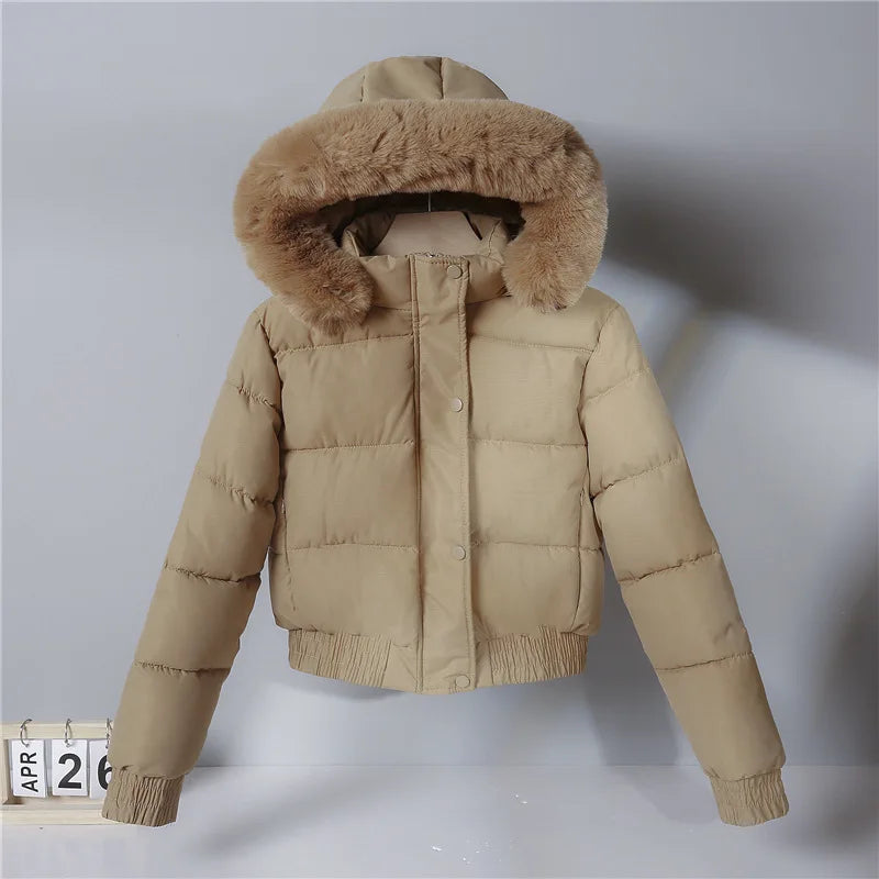 Parka corti invernali da donna, abbigliamento imbottito in cotone, capi esterni più spessi con interno in velluto, cappotti con collo in pelliccia e cappuccio removibile, giacche calde.