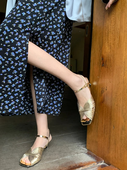 Sommer 2025 Goldene Damen-Sandalen Offene Zehenpartie Schnallen Mittelhohe Absätze Damen-Schuhe Korea Komfort Beste FH