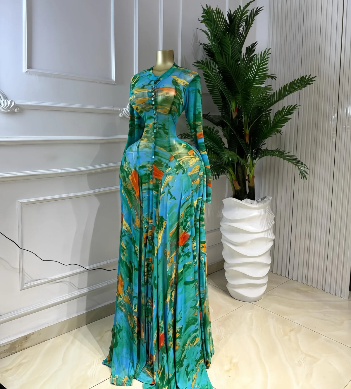 CM.YAYA Donne O-Collo Manica Lunga Grande Swing Tie Dye Stampa Abito Lungo 2026 Feste Sexy Vacanze Da Sera Maxi Abiti Abiti