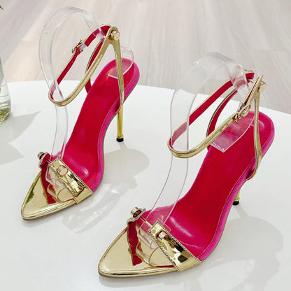 Eilyken Estate Oro Argento Rivetto Design Fibbia Cinturino Sandali da donna Sexy Open Toe Stripper Tacchi sottili Scarpe Zapatos Mujer