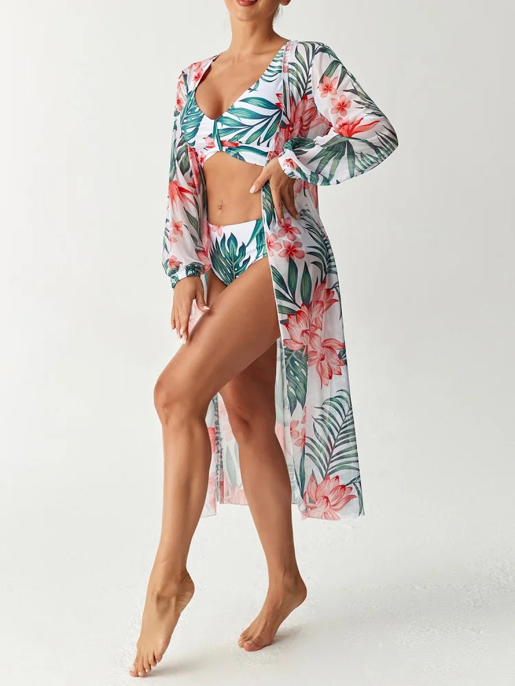 Bikini Women Swimsuit 2026 New Print Sling Bikini Set Sexy High Waist Swimwear Summer Long Sleeve Mesh Beach Bathing Suit Female