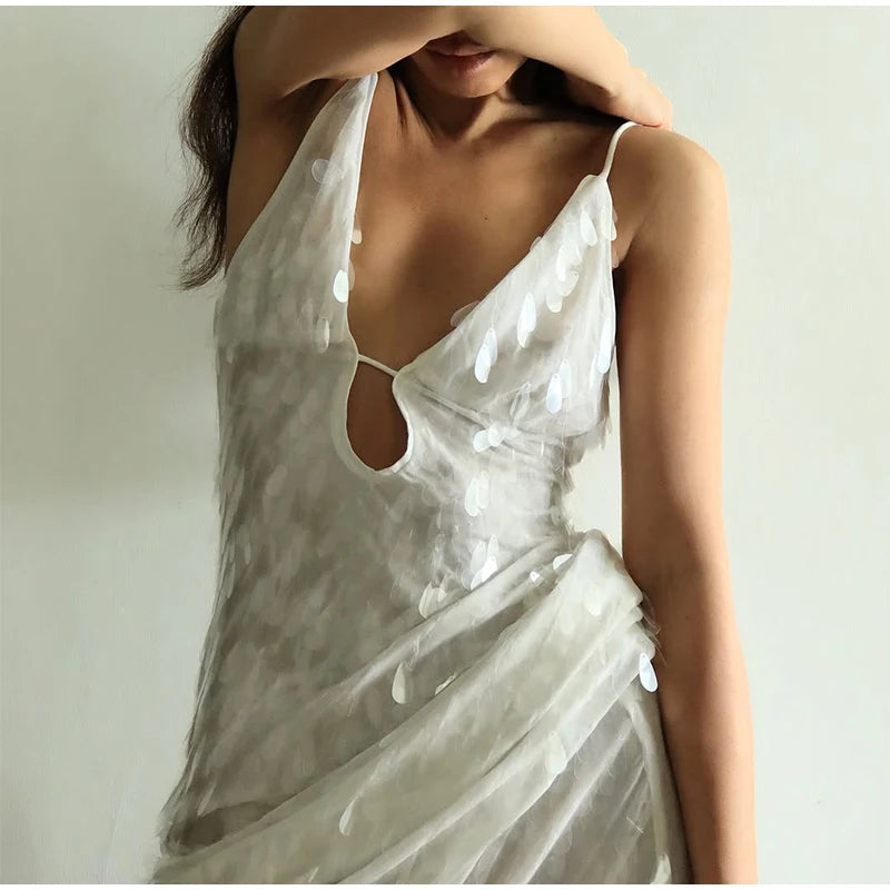 Abito lungo da donna con paillettes Abito lungo con scollo a V Solido Backless Vita alta Abiti senza maniche 2025 Moda Nuova estate Lady Party Robes