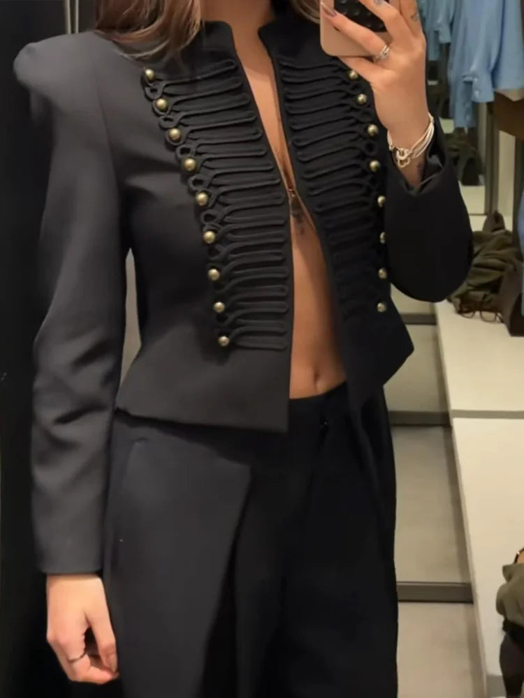 Giacca Primaverile da Donna, Blazer Corto Stile Militare, Top con Bordo in Corda Intrecciata, Bottoni Dorati, Spalle Imbottite, Abbigliamento Femminile