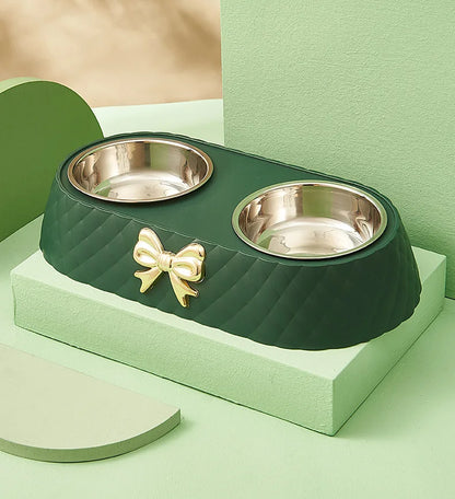 Forniture per animali domestici Papillon Bowknot Ciotola per cibo per gatti Base in PP Ciotola per cani Doppio accessorio per animali domestici in acciaio inossidabile Alimentazione Bere Doppia ciotola