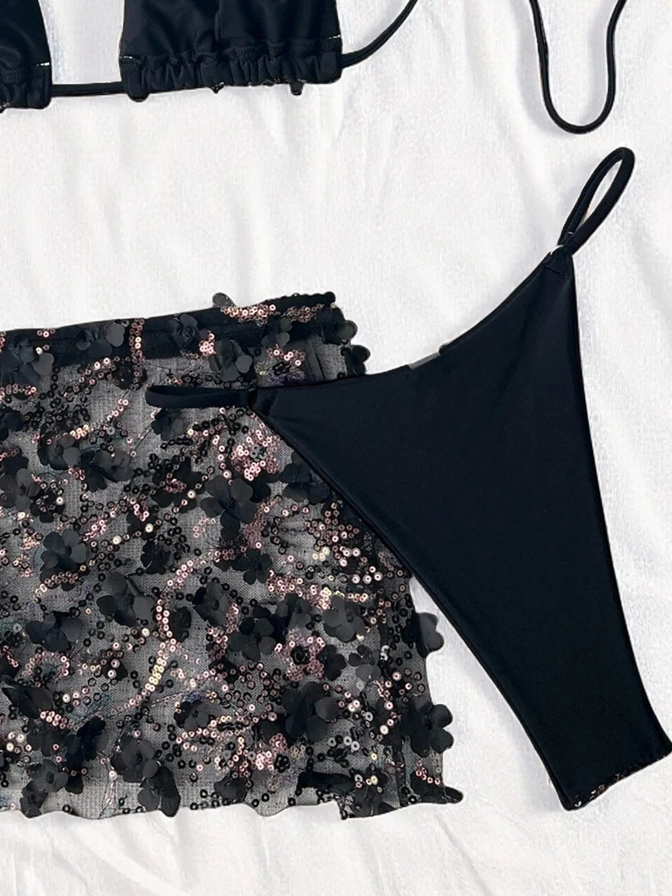 Costume da bagno a 3 pezzi con gonna in rete rosa con paillettes, reggiseno push-up e perizoma, stile brasiliano, per donna, ideale per le vacanze.