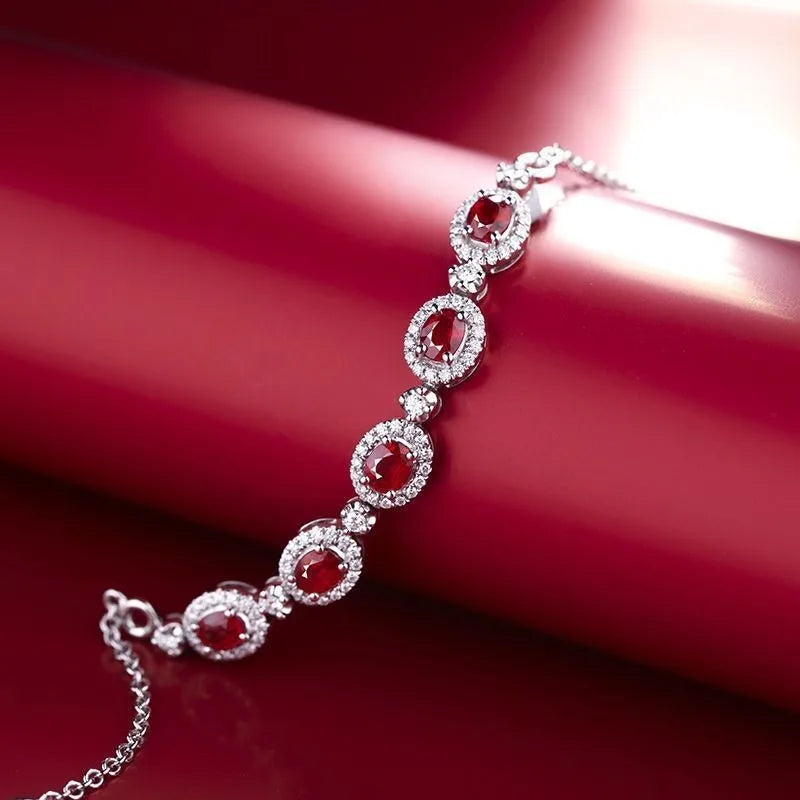 Bracciale in argento 925 con diamanti tempestati di rubini Bracciale ovale in stile trendy squisiti braccialetti rossi di fascia alta gioielli da sposa regali donna