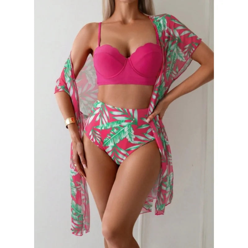 Elegante stampa 3 pezzi bikini set costume da bagno donna vintage bikini a vita alta maglia cover up 2025 nuovo costume da bagno biquini femminile