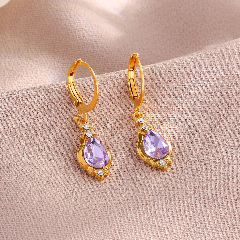 ZAKOL Orecchini a cerchio con goccia in pietra di cristallo viola lucido vintage per le donne Acqua Dorp Boho Orecchini pendenti lunghi Regalo di gioielli