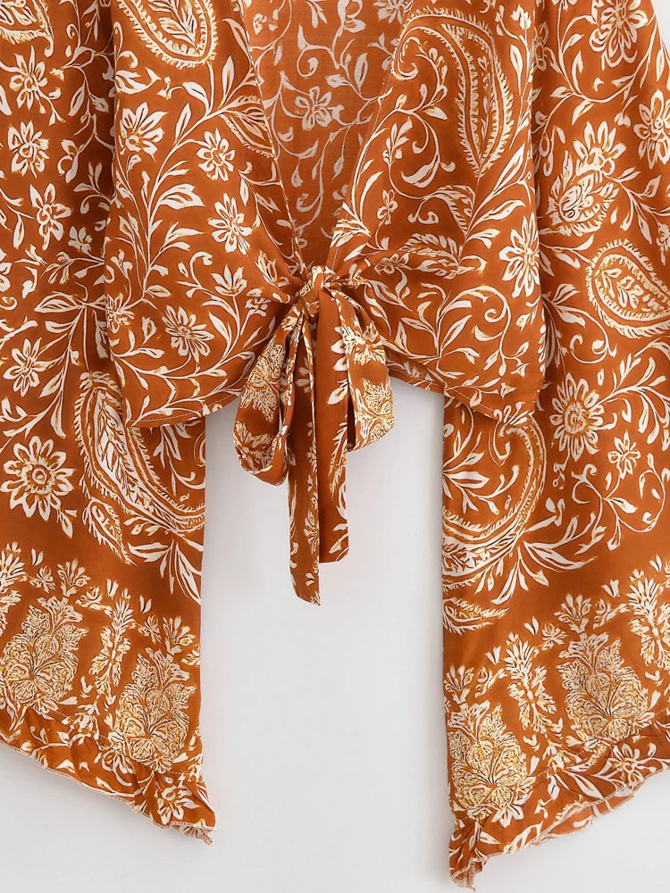 Boho Queens Donna Abiti con stampa floreale marrone Kimono Abito Abiti bohémien Pantaloni a gamba larga 2 pezzi Rayon Boho Set costume da bagno