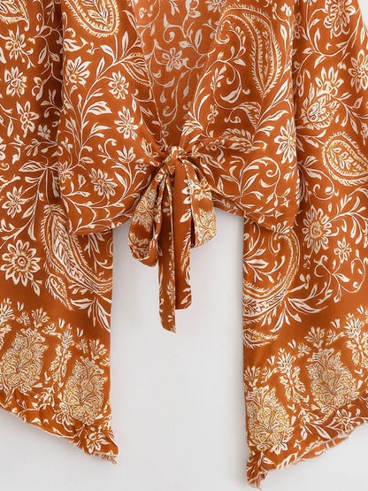 Boho Queens Donna Abiti con stampa floreale marrone Kimono Abito Abiti bohémien Pantaloni a gamba larga 2 pezzi Rayon Boho Set costume da bagno