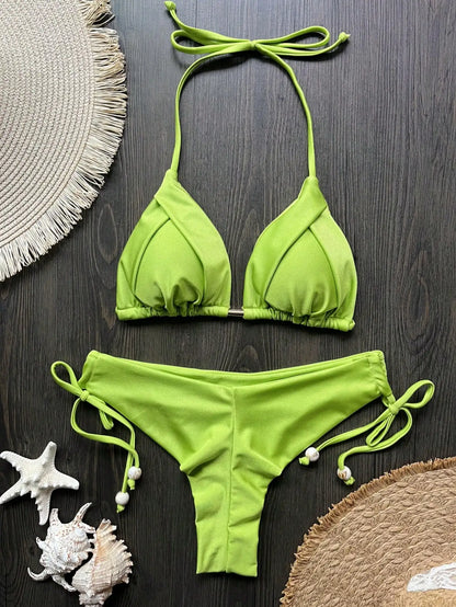 Solid color sexy swimsuit women's new bikini blue beachwear split Brazilian bikini set