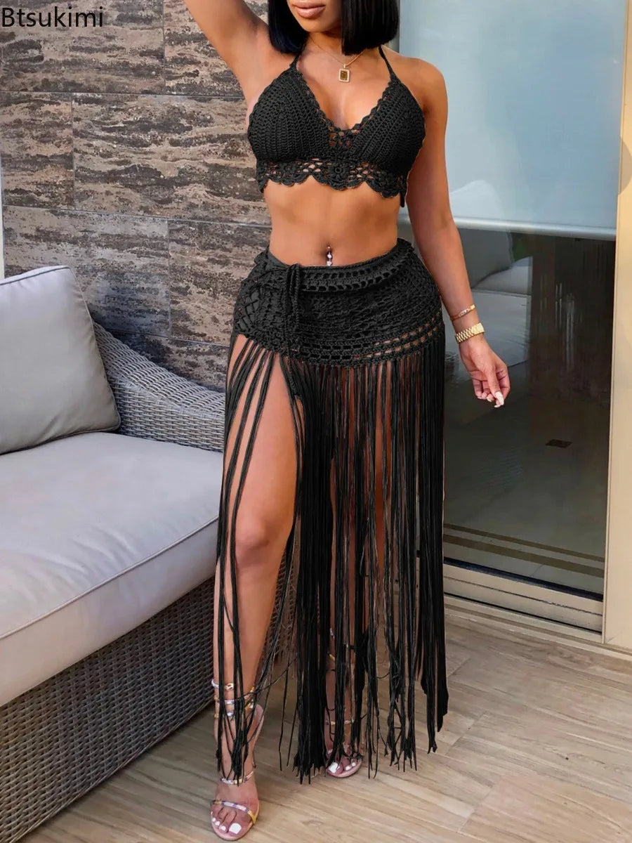 Neue zweiteilige Damen-Badeanzüge Strand-Stil gestrickte Bikini-Oberteile High Waist Quasten lange Röcke weibliche sexy Cover Up Bikini-Sets