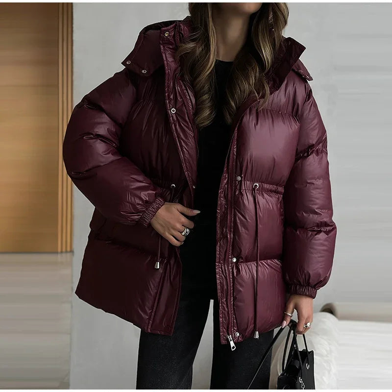 Giacca invernale da donna con cappuccio, calda, con cintura in vita regolabile, maniche lunghe, chiusura con zip, cappotto imbottito da donna, moda 2026, parka spessa da donna