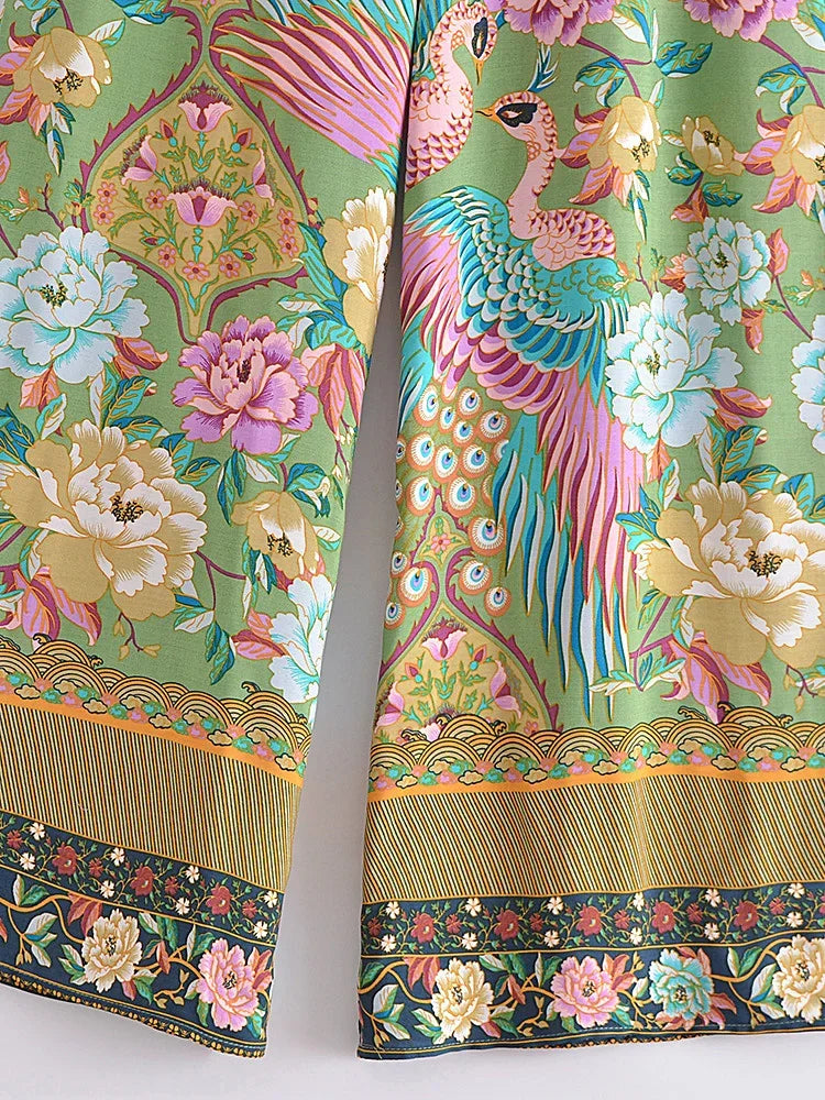 Boho Queens Donna Pavone Stampa floreale Pantaloni a gamba larga bohémien Lady Elastico in vita Sciolto Rayon Boho Pantaloni lunghi Pantaloni oversize