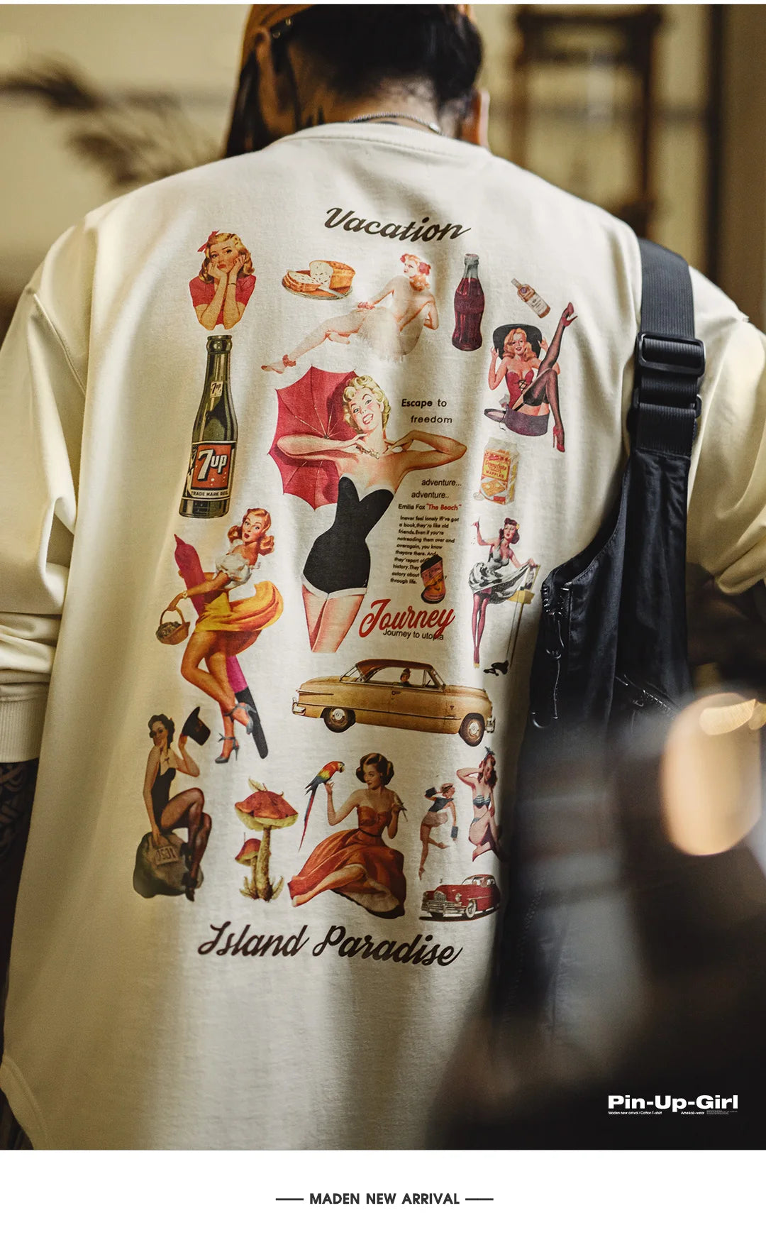 Maden T-shirt a maniche lunghe con stampa sul retro vintage Pullover ampio casual girocollo per top street-style da uomo primavera e autunno anni '60