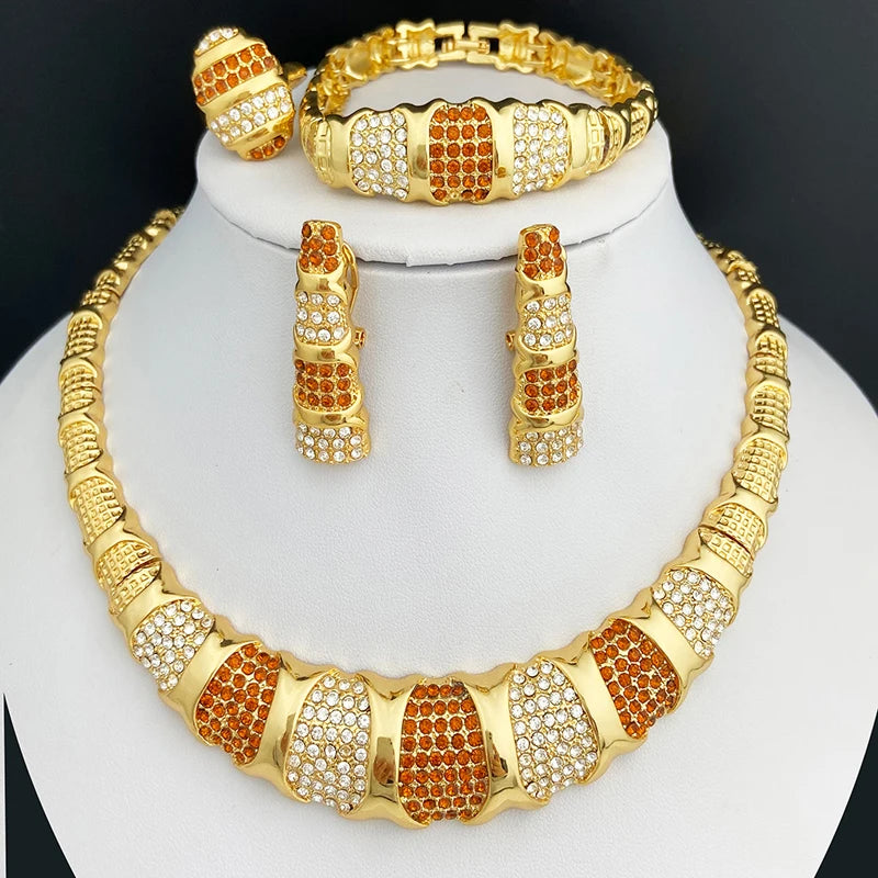 Dubai Schmuckset für Damen, 18K vergoldet, luxuriöse Halskette, Ohrringe, Armband und Ring, Schmuckset für Hochzeitsfeiern, trendig
