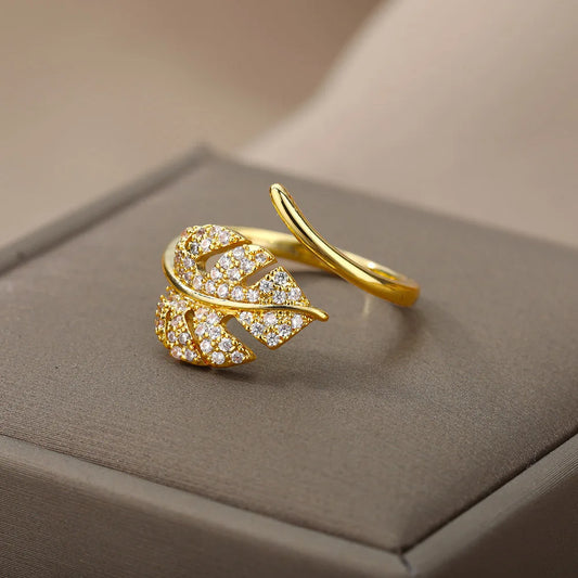 Anelli aperti a forma di foglia di palma di moda per le donne Anello da dito regolabile con zirconi color oro Regalo di gioielli per feste coreane per ragazze