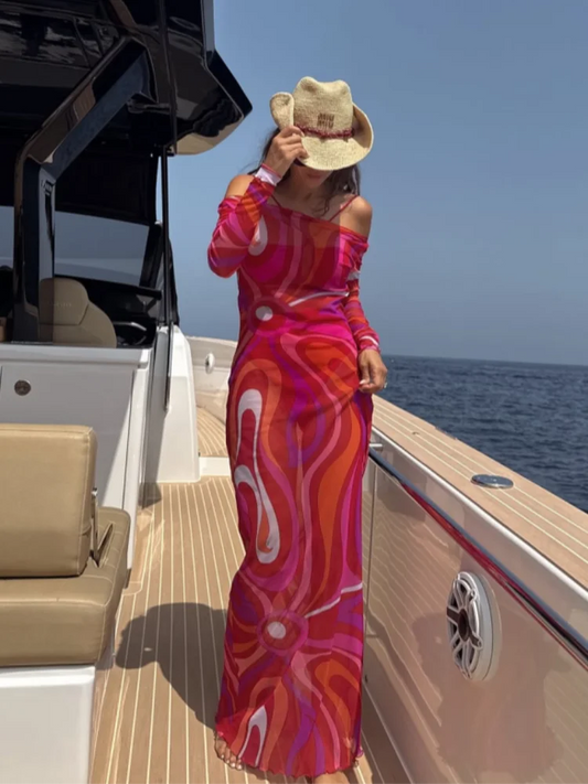 Abito lungo aderente aderente in rete trasparente da donna sexy Stampa chic senza maniche Slim Fit Abiti lunghi per le vacanze al mare Abito femminile quotidiano casual