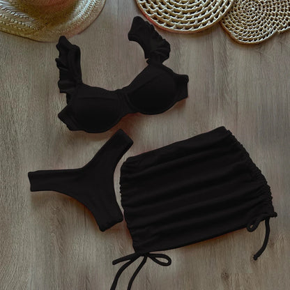 Costume da bagno a vita bassa in tessuto ondulato solido copricostume per donna costume da bagno Push Up con volant a tre pezzi 2023 costumi da bagno da spiaggia