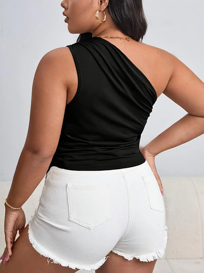 Plus Size Summer Sexy One Shoulder Off the Shoulder Women's Tank Tops Elegant Asymmetrical Hem Top Solid Y2K Streetwear
