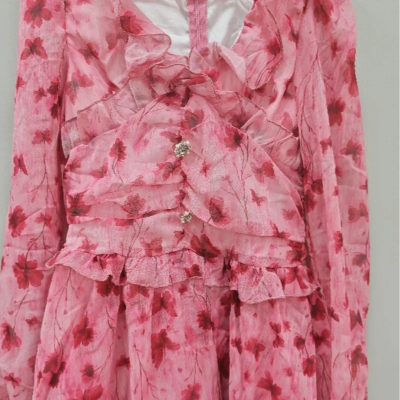 Abito Elegante Floreale da Donna a Trapezio con Pieghe, Mini Abito Sexy a Maniche Lunghe con Volant e Vita Stretta, Abiti da Sera per Vacanze e Street Style 2026