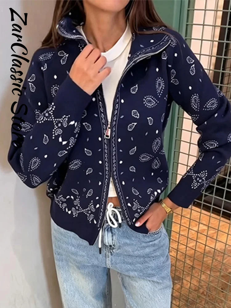 Cardigan da Donna Vintage con Motivo Paisley Jacquard, Collo Alto, Chiusura a Zip, Maglione Lavorato a Maglia, Nuovo Abbigliamento Casual Elegante per l'Inverno 2026