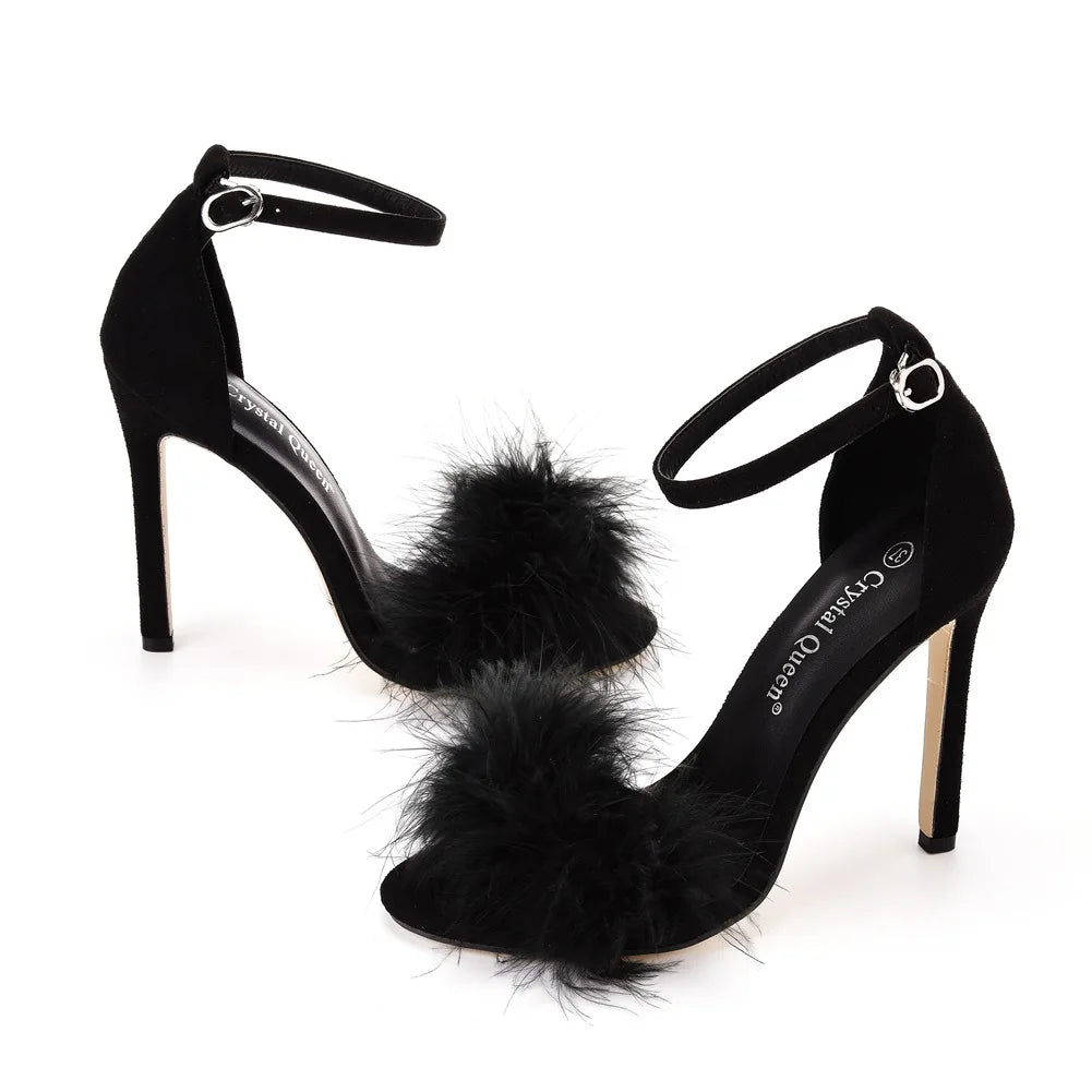 Sexy Feather High Heel Sandals Women's European  American Large 46 Fish Mouth High Heel Sandals Women Shallow Mouth Women's Shoe