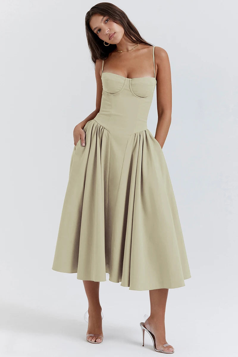 Elegante abito longuette con cinturino per spaghetti da donna Party Slim A Line Solid Bretelle Abiti da donna Nuova moda primavera estate Abiti sexy