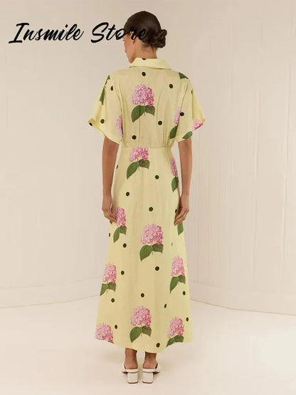 Abito da donna stampato a fiori casual Abito lungo femminile allentato a maniche corte con scollo a V profondo 2025 Primavera Estate Nuova moda Lady Robe