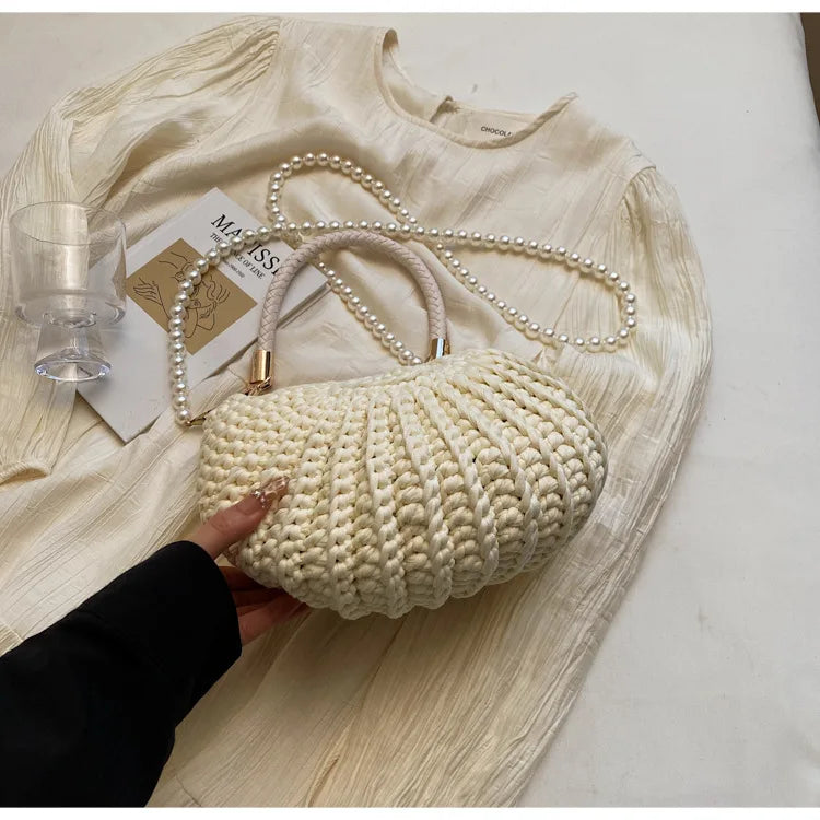 Borse a tracolla da donna all'uncinetto a forma di conchiglia creativa Divertenti catene di perle carine Borsa a tracolla in tessuto fatto a mano Novità piccole borse