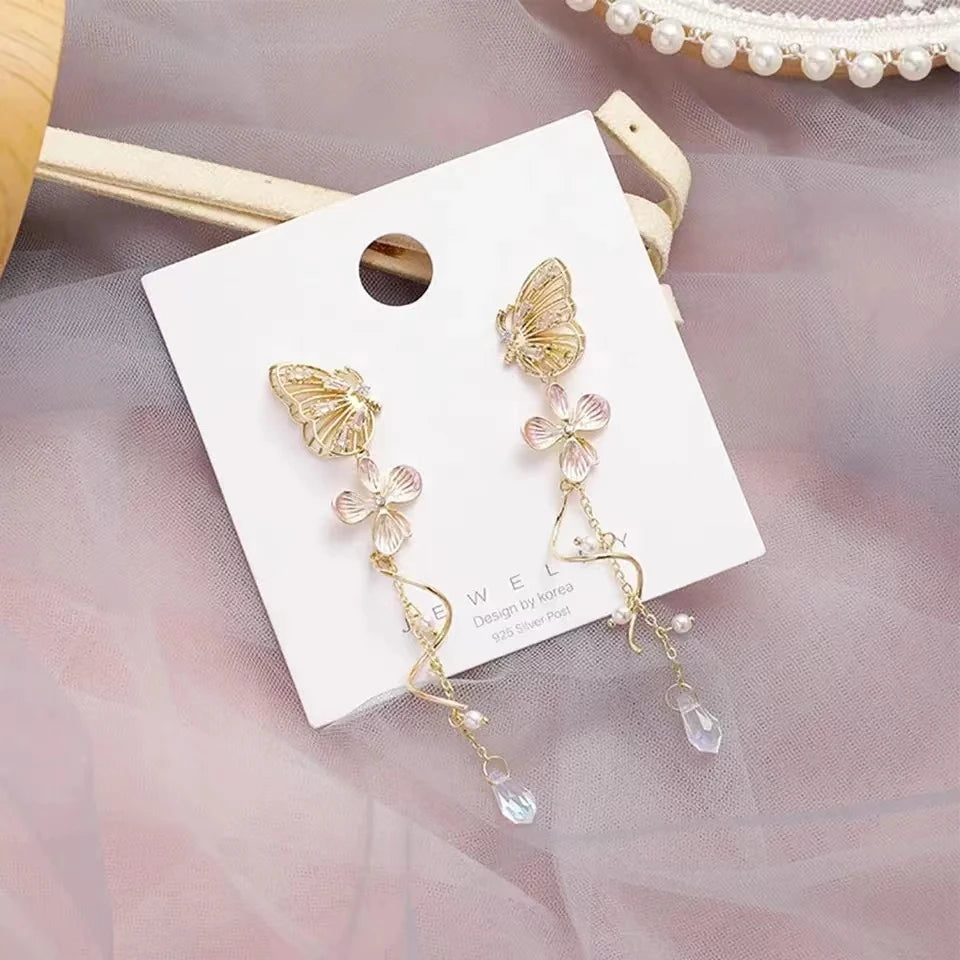Orecchini a farfalla eleganti coreani per le donne Squisito cristallo zircone lungo nappa fiore orecchini pendenti gioielli temperamento per ragazze