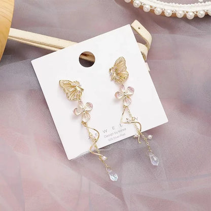 Orecchini a farfalla eleganti coreani per le donne Squisito cristallo zircone lungo nappa fiore orecchini pendenti gioielli temperamento per ragazze