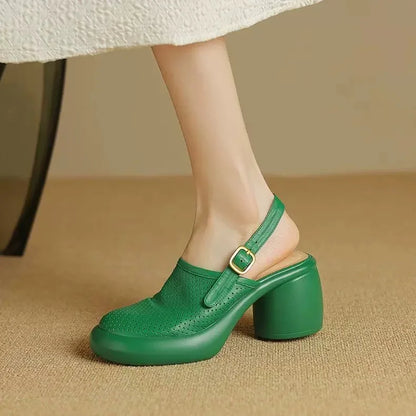 Sandali estivi Punta tonda Scava fuori Sandali con tacco alto per donna Sandali con plateau Zapatos Mujer Tacco grosso Scarpe di pelle di pecora Verde