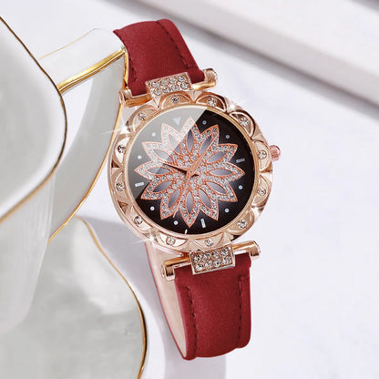 5 pz/set moda donna orologio quadrante fiore orologi al quarzo cinturino in pelle orologi da polso Set di gioielli con strass (senza scatola)