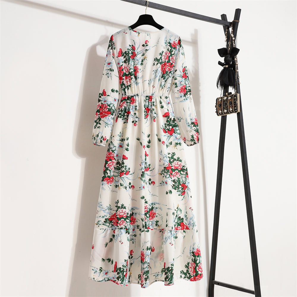 Maxi abiti da donna Sping autunno bohémien Casual manica intera vita alta spiaggia donna abiti in Chiffon abito lungo floreale vestido