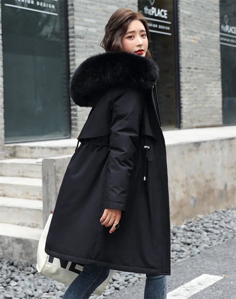 Giacca Invernale 2026 Nuova Parka da Donna Cappotto Lungo con Fodera in Lana Giacca con Cappuccio Collo in Pelliccia Spessa e Calda Abbigliamento da Neve Parka Imbottito 6XL