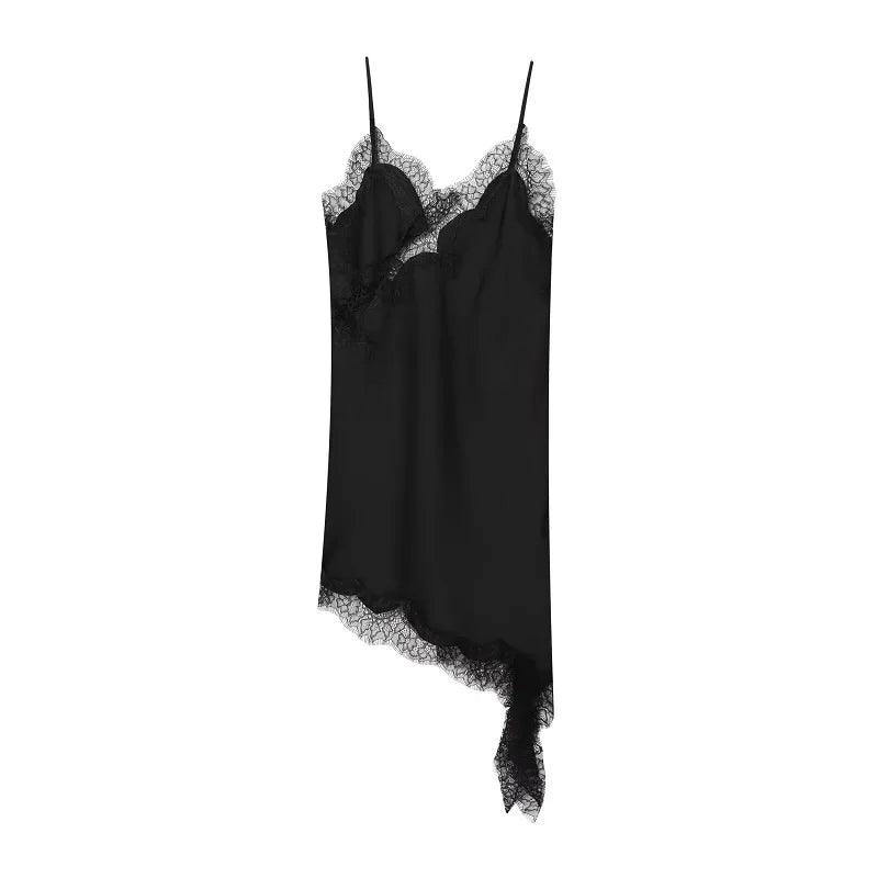 MUJER Abito sottoveste in pizzo nero Abiti corti da festa in raso da donna per le donne Abiti da donna sexy senza schienale Mini abito da notte asimmetrico