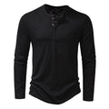 Camicia da uomo in cotone con bottoni e collo a Henley, manica lunga, bottoni casual, tinta unita, magliette alla moda
