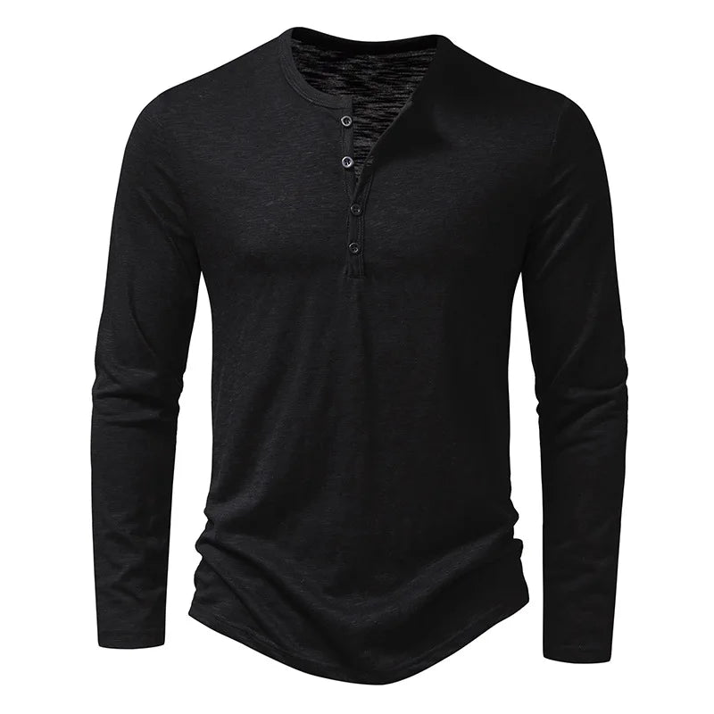 Camicia da uomo in cotone con bottoni e collo a Henley, manica lunga, bottoni casual, tinta unita, magliette alla moda